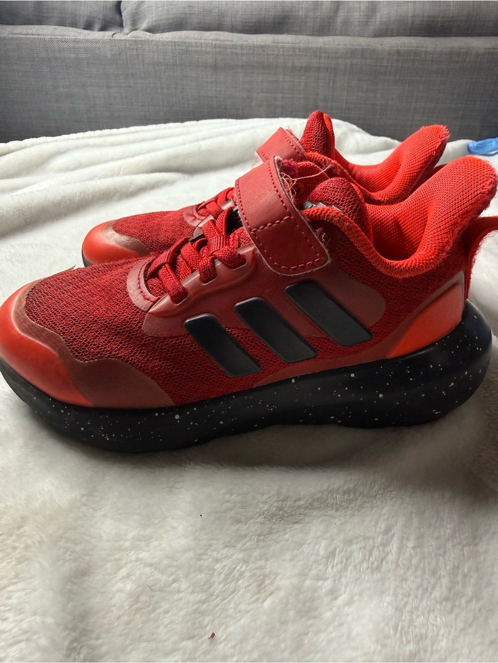 Kids Red Adidas Athletic Sneakers with Black Speckled Sole